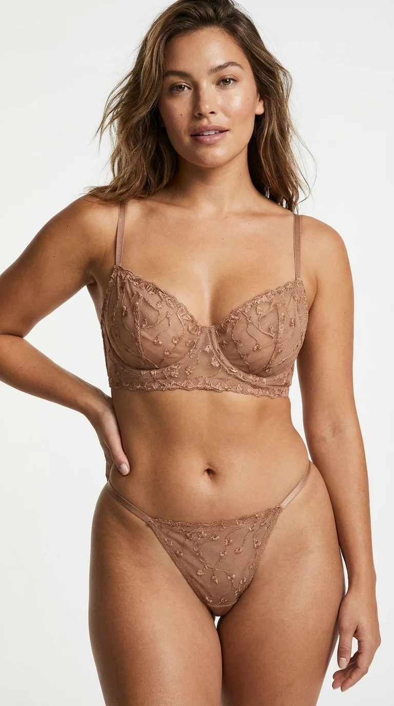 LunaIntim Nude Transparan Tül Sütyen Takımı Çiçek İşlemeli ve Balenli Modern Set - Balenli Destek Detayı